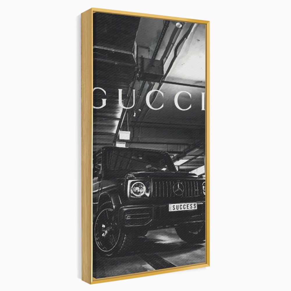 Tablou canvas cu tablou canvas cu masina si text, in rama de aluminiu auriu